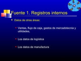 Fuente 1. Registros internos
   Datos de otras áreas:

       Ventas, flujo de caja, gastos de mercadotecnia y
        utilidades,

       Los datos de logística

       Los datos de manufactura



                                           405
 