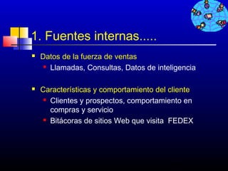 1. Fuentes internas.....
   Datos de la fuerza de ventas
      Llamadas, Consultas, Datos de inteligencia




   Características y comportamiento del cliente
      Clientes y prospectos, comportamiento en

       compras y servicio
      Bitácoras de sitios Web que visita FEDEX




                                         406
 