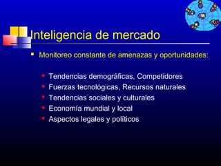 Inteligencia de mercado
   Monitoreo constante de amenazas y oportunidades:

       Tendencias demográficas, Competidores
       Fuerzas tecnológicas, Recursos naturales
       Tendencias sociales y culturales
       Economía mundial y local
       Aspectos legales y políticos




                                          408
 
