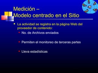 Medición –
Modelo centrado en el Sitio
   La actividad se registra en la página Web del
    proveedor de contenido:
      No. de Archivos enviados




       Permiten el monitoreo de terceras partes

       Lleva estadísticas




                                           497
 