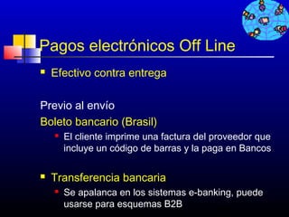 Pagos electrónicos Off Line
   Efectivo contra entrega

Previo al envío
Boleto bancario (Brasil)
       El cliente imprime una factura del proveedor que
        incluye un código de barras y la paga en Bancos

   Transferencia bancaria
       Se apalanca en los sistemas e-banking, puede
        usarse para esquemas B2B          566
 