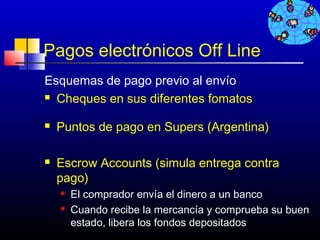 Pagos electrónicos Off Line
Esquemas de pago previo al envío
 Cheques en sus diferentes fomatos


   Puntos de pago en Supers (Argentina)

   Escrow Accounts (simula entrega contra
    pago)
       El comprador envía el dinero a un banco
       Cuando recibe la mercancía y comprueba su buen
        estado, libera los fondos depositados
                                            567
 