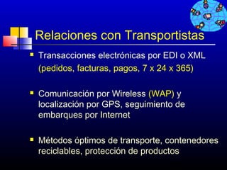 Relaciones con Transportistas
   Transacciones electrónicas por EDI o XML
    (pedidos, facturas, pagos, 7 x 24 x 365)

   Comunicación por Wireless (WAP) y
    localización por GPS, seguimiento de
    embarques por Internet

   Métodos óptimos de transporte, contenedores
    reciclables, protección de productos
                                    608
 