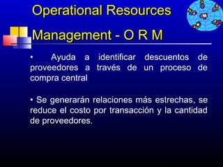 Operational Resources
Management - O R M
•    Ayuda a identificar descuentos de
proveedores a través de un proceso de
compra central

• Se generarán relaciones más estrechas, se
reduce el costo por transacción y la cantidad
de proveedores.



                                  676
 