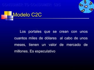 CONSUMER TO CONSUMER C2C

    Modelo C2C


        Los portales que se crean con unos
     cuantos miles de dólares al cabo de unos
     meses, tienen un valor de mercado de
     millones. Es especulativo



                                   97
 