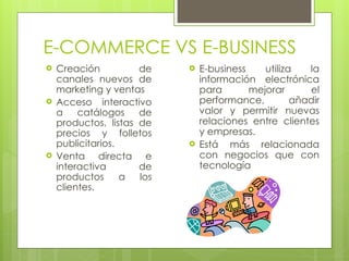 E-COMMERCE VS E-BUSINESS
 Creación de
canales nuevos de
marketing y ventas
 Acceso interactivo
a catálogos de
productos, listas de
precios y folletos
publicitarios.
 Venta directa e
interactiva de
productos a los
clientes.
 E-business utiliza la
información electrónica
para mejorar el
performance, añadir
valor y permitir nuevas
relaciones entre clientes
y empresas.
 Está más relacionada
con negocios que con
tecnología
 