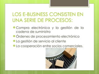 LOS E-BUSINESS CONSISTEN EN
UNA SERIE DE PROCESOS:
 Compra electrónica y la gestión de la
cadena de suministro
 Órdenes de procesamiento electrónico
 La gestión de servicio al cliente
 La cooperación entre socios comerciales.
 