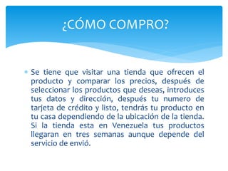  Se tiene que visitar una tienda que ofrecen el
producto y comparar los precios, después de
seleccionar los productos que deseas, introduces
tus datos y dirección, después tu numero de
tarjeta de crédito y listo, tendrás tu producto en
tu casa dependiendo de la ubicación de la tienda.
Si la tienda esta en Venezuela tus productos
llegaran en tres semanas aunque depende del
servicio de envió.
¿CÓMO COMPRO?
 
