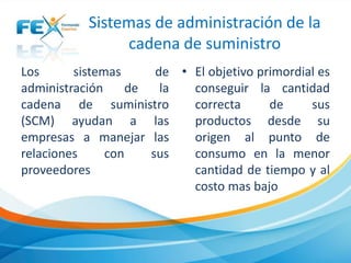Sistemas de administración de la
cadena de suministro
Los sistemas de
administración de la
cadena de suministro
(SCM) ayudan a las
empresas a manejar las
relaciones con sus
proveedores
• El objetivo primordial es
conseguir la cantidad
correcta de sus
productos desde su
origen al punto de
consumo en la menor
cantidad de tiempo y al
costo mas bajo
 