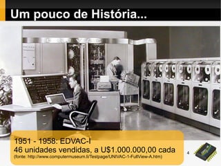 4
Um pouco de História...
1951 - 1958: EDVAC-I
46 unidades vendidas, a U$1.000.000,00 cada
(fonte: http://www.computermuseum.li/Testpage/UNIVAC-1-FullView-A.htm)
 