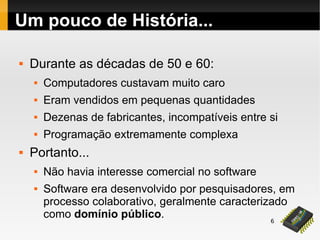 6
Um pouco de História...
 Durante as décadas de 50 e 60:
 Computadores custavam muito caro
 Eram vendidos em pequenas quantidades
 Dezenas de fabricantes, incompatíveis entre si
 Programação extremamente complexa
 Portanto...
 Não havia interesse comercial no software
 Software era desenvolvido por pesquisadores, em
processo colaborativo, geralmente caracterizado
como domínio público.
 