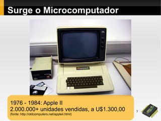 7
Surge o Microcomputador
1976 - 1984: Apple II
2.000.000+ unidades vendidas, a U$1.300,00
(fonte: http://oldcomputers.net/appleii.html)
 
