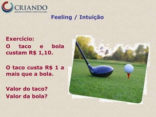 Feeling / Intuição



Exercício:
O   taco   e  bola
custam R$ 1,10.

O taco custa R$ 1 a
mais que a bola.

Valor do taco?
Valor da bola?
 