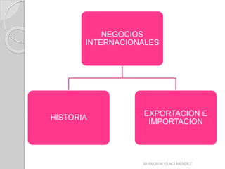 NEGOCIOS
INTERNACIONALES
HISTORIA
EXPORTACION E
IMPORTACION
30 /09/2016 YENCI MENDEZ
 