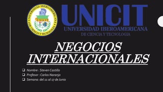NEGOCIOS
INTERNACIONALES
 Nombre : Steven Castillo
 Profesor : Carlos Naranjo
 Semana: del 11 al 17 deJunio
 