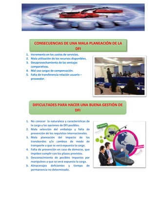1. Incremento en los costos de servicios.
2. Mala utilización de los recursos disponibles.
3. Desaprovechamiento de las ventajas
comparativas.
4. Mal uso cargas de compensación.
5. Falta de transferencia relación usuario –
proveedor.
1. No conocer la naturaleza y características de
la carga y las opciones de DFI posibles.
2. Mala selección del embalaje y falta de
prevención de los requisitos internacionales.
3. Mala planeación del impacto de los
transbordos y/o cambios de modo de
transporte a que se verá expuesta la carga.
4. Falta de prevención en caso de demoras, que
impiden cumplir con los plazos previstos.
5. Desconocimiento de posibles impactos por
manipuleos a que se verá expuesta la carga.
6. Almacenajes deficientes y tiempo de
permanencia no determinado.
CONSECUENCIAS DE UNA MALA PLANEACIÓN DE LA
DFI
DIFICULTADES PARA HACER UNA BUENA GESTIÓN DE
DFI
 