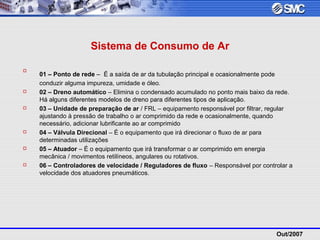 Out/2007
Sistema de Consumo de Ar

01 – Ponto de rede – É a saída de ar da tubulação principal e ocasionalmente pode
conduzir alguma impureza, umidade e óleo.
 02 – Dreno automático – Elimina o condensado acumulado no ponto mais baixo da rede.
Há alguns diferentes modelos de dreno para diferentes tipos de aplicação.
 03 – Unidade de preparação de ar / FRL – equipamento responsável por filtrar, regular
ajustando à pressão de trabalho o ar comprimido da rede e ocasionalmente, quando
necessário, adicionar lubrificante ao ar comprimido
 04 – Válvula Direcional – É o equipamento que irá direcionar o fluxo de ar para
determinadas utilizações
 05 – Atuador – É o equipamento que irá transformar o ar comprimido em energia
mecânica / movimentos retilíneos, angulares ou rotativos.
 06 – Controladores de velocidade / Reguladores de fluxo – Responsável por controlar a
velocidade dos atuadores pneumáticos.
 