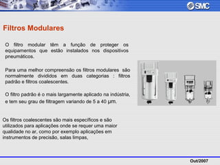Out/2007
Filtros Modulares
O filtro modular têm a função de proteger os
equipamentos que estão instalados nos dispositivos
pneumáticos.
Para uma melhor compreensão os filtros modulares são
normalmente divididos em duas categorias : filtros
padrão e filtros coalescentes.
O filtro padrão é o mais largamente aplicado na indústria,
e tem seu grau de filtragem variando de 5 a 40 µm.
Os filtros coalescentes são mais específicos e são
utilizados para aplicações onde se requer uma maior
qualidade no ar, como por exemplo aplicações em
instrumentos de precisão, salas limpas,
 