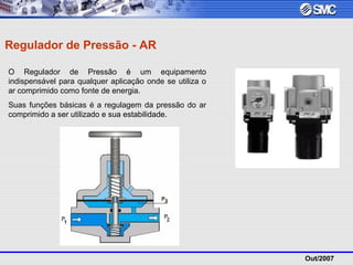Out/2007
Regulador de Pressão - AR
O Regulador de Pressão é um equipamento
indispensável para qualquer aplicação onde se utiliza o
ar comprimido como fonte de energia.
Suas funções básicas é a regulagem da pressão do ar
comprimido a ser utilizado e sua estabilidade.
 