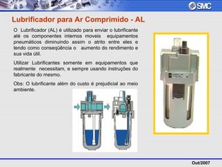 Out/2007
Lubrificador para Ar Comprimido - AL
O Lubrificador (AL) é utilizado para enviar o lubrificante
até os componentes internos moveis equipamentos
pneumáticos diminuindo assim o atrito entre eles e
tendo como conseqüência o aumento do rendimento e
sua vida útil.
Utilizar Lubrificantes somente em equipamentos que
realmente necessitam, e sempre usando instruções do
fabricante do mesmo.
Obs: O lubrificante além do custo é prejudicial ao meio
ambiente.
 