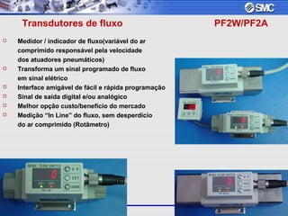 Out/2007
Transdutores de fluxo PF2W/PF2A
 Medidor / indicador de fluxo(variável do ar
comprimido responsável pela velocidade
dos atuadores pneumáticos)
 Transforma um sinal programado de fluxo
em sinal elétrico
 Interface amigável de fácil e rápida programação
 Sinal de saída digital e/ou analógico
 Melhor opção custo/benefício do mercado
 Medição “In Line” do fluxo, sem desperdício
do ar comprimido (Rotâmetro)
 