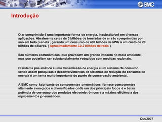 Out/2007
O ar comprimido é uma importante forma de energia, insubstituível em diversas
aplicações. Atualmente cerca de 5 bilhões de toneladas de ar são comprimidas por
ano em todo planeta , gerando um consumo de 400 bilhões de kWh a um custo de 20
bilhões de dólares. ( Aproximadamente 32.2 bilhões de reais )
São números astronômicos, que provocam um grande impacto no meio ambiente ,
mas que poderiam ser substancialmente reduzidos com medidas racionais.
O sistema pneumático é uma transmissão de energia e um sistema de consumo
sendo assim pesquisas e desenvolvimentos de sistemas de redução de consumo de
energia é um tema muito importante do ponto de conservação ambiental.
A SMC como fabricante de componentes pneumáticos fornece componentes
altamente avançados e diversificados onde um dos principais focos é o baixa
potência de consumo dos produtos eletro/eletrônicos e a máxima eficiência dos
equipamentos pneumáticos.
Introdução
 