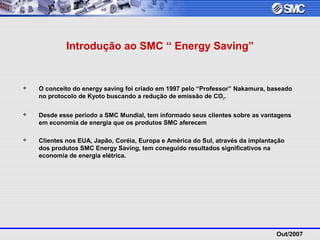 Out/2007
Introdução ao SMC “ Energy Saving”
 O conceito do energy saving foi criado em 1997 pelo “Professor” Nakamura, baseado
no protocolo de Kyoto buscando a redução de emissão de CO2.
 Desde esse período a SMC Mundial, tem informado seus clientes sobre as vantagens
em economia de energia que os produtos SMC aferecem
 Clientes nos EUA, Japão, Coréia, Europa e América do Sul, através da implantação
dos produtos SMC Energy Saving, tem coneguido resultados significativos na
economia de energia elétrica.
 