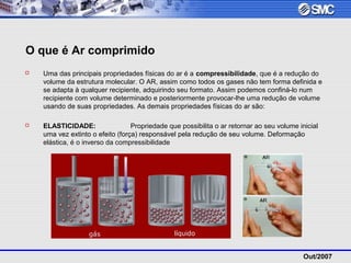 Out/2007
O que é Ar comprimido
 Uma das principais propriedades físicas do ar é a compressibilidade, que é a redução do
volume da estrutura molecular. O AR, assim como todos os gases não tem forma definida e
se adapta à qualquer recipiente, adquirindo seu formato. Assim podemos confiná-lo num
recipiente com volume determinado e posteriormente provocar-lhe uma redução de volume
usando de suas propriedades. As demais propriedades físicas do ar são:
 ELASTICIDADE: Propriedade que possibilita o ar retornar ao seu volume inicial
uma vez extinto o efeito (força) responsável pela redução de seu volume. Deformação
elástica, é o inverso da compressibilidade
 