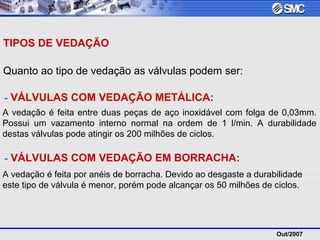 Out/2007
TIPOS DE VEDAÇÃO
Quanto ao tipo de vedação as válvulas podem ser:
- VÁLVULAS COM VEDAÇÃO METÁLICA:
A vedação é feita entre duas peças de aço inoxidável com folga de 0,03mm.
Possui um vazamento interno normal na ordem de 1 l/min. A durabilidade
destas válvulas pode atingir os 200 milhões de ciclos.
- VÁLVULAS COM VEDAÇÃO EM BORRACHA:
A vedação é feita por anéis de borracha. Devido ao desgaste a durabilidade
este tipo de válvula é menor, porém pode alcançar os 50 milhões de ciclos.
 