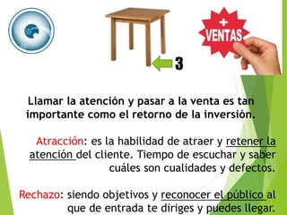 3 
Llamar la atención y pasar a la venta es tan 
importante como el retorno de la inversión. 
Atracción: es la habilidad de atraer y retener la 
atención del cliente. Tiempo de escuchar y saber 
cuáles son cualidades y defectos. 
Rechazo: siendo objetivos y reconocer el público al 
que de entrada te diriges y puedes llegar. 
 