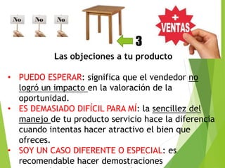 3 
Las objeciones a tu producto 
• PUEDO ESPERAR: significa que el vendedor no 
logró un impacto en la valoración de la 
oportunidad. 
• ES DEMASIADO DIFÍCIL PARA MÍ: la sencillez del 
manejo de tu producto servicio hace la diferencia 
cuando intentas hacer atractivo el bien que 
ofreces. 
• SOY UN CASO DIFERENTE O ESPECIAL: es 
recomendable hacer demostraciones 
personalizadas, dejar a prueba tu servicio o 
 