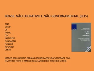 BRASIL NÃO LUCRATIVO E NÃO GOVERNAMENTAL (LEIS)
ONG
OSCIP
OS
FASFIL
OSC
INSTITUTO
FUNDAÇÃO
FUNCAD
ROUANET
CEBAS
…
MARCO REGULATÓRIO PARA AS ORGANIZAÇÕES DA SOCIEDADE CIVIL
(EM 99 FOI FEITO O MARGO REGULATÓRIO DO TERCEIRO SETOR)
 