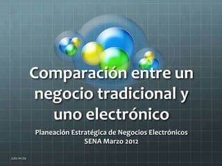 Comparación entre un
                negocio tradicional y
                  uno electrónico
               Planeación Estratégica de Negocios Electrónicos
                              SENA Marzo 2012

Julio Arcila
 