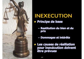 • Principe de base
– Restitution du bien et du
prix
– Dommages et intérêts
• Les causes de résiliation
pour inexécution doivent
être prévues
INEXECUTION
107
 