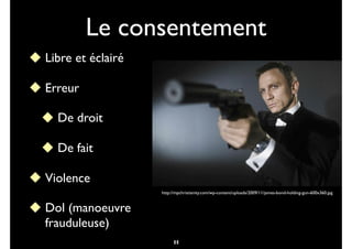 Le consentement
! Libre et éclairé
! Erreur
! De droit
! De fait
! Violence
! Dol (manoeuvre
frauduleuse)
11
http://mpchristianity.com/wp-content/uploads/2009/11/james-bond-holding-gun-600x360.jpg
11
 