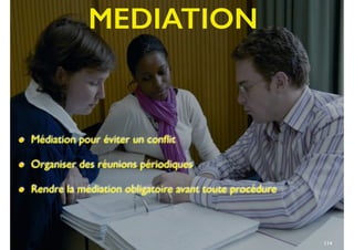 MEDIATION
• Médiation pour éviter un conﬂit
• Organiser des réunions périodiques
• Rendre la médiation obligatoire avant toute procédure
114
 