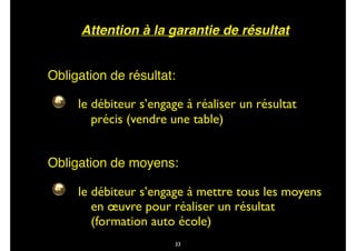 Attention à la garantie de résultat
Obligation de résultat:
le débiteur s’engage à réaliser un résultat
précis (vendre une table)
Obligation de moyens:
le débiteur s’engage à mettre tous les moyens
en œuvre pour réaliser un résultat
(formation auto école)
33
 