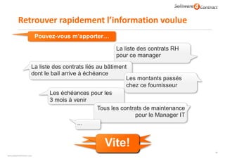 www.software4contract.com
Retrouver	rapidement	l’information	voulue
La liste des contrats RH
pour ce manager
La liste des contrats liés au bâtiment
dont le bail arrive à échéance
Vite!
Pouvez-vous m’apporter…
Les montants passés
chez ce fournisseur
Les échéances pour les  
3 mois à venir
Tous les contrats de maintenance
pour le Manager IT
…
Vite!Vite!Vite!Vite!Vite!
40
 