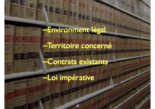 52
–Environment légal
–Territoire concerné
–Contrats existants
–Loi impérative
2765
 