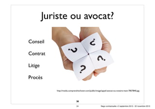 Juriste ou avocat?
•
•
•
•

Conseil	

Contrat	

Litige	

Procès
http://media.comprendrechoisir.com/public/image/appel-avocat-ou-notaire-main-7857840.jpg

24
22
24

Nego contractuelle v 2 septembre 2013 - 22 novembre 2013

 