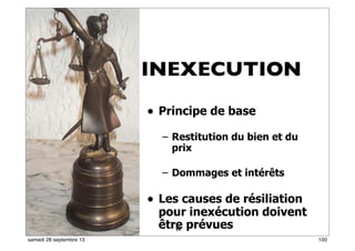 94
• Principe de base
– Restitution du bien et du
prix
– Dommages et intérêts
• Les causes de résiliation
pour inexécution doivent
être prévues63
INEXECUTION
100samedi 28 septembre 13
 