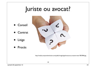 Juriste ou avocat?
• Conseil
• Contrat
• Litige
• Procès
22
http://media.comprendrechoisir.com/public/image/appel-avocat-ou-notaire-main-7857840.jpg
24samedi 28 septembre 13
 