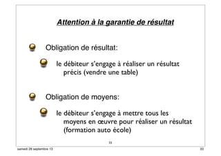 Attention à la garantie de résultat
Obligation de résultat:
le débiteur s’engage à réaliser un résultat
précis (vendre une table)
Obligation de moyens:
le débiteur s’engage à mettre tous les
moyens en œuvre pour réaliser un résultat
(formation auto école)
33
33samedi 28 septembre 13
 