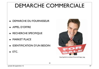 32
• DEMARCHE DU FOURNISSEUR
• APPEL D’OFFRE
• RECHERCHE SPECIFIQUE
• MARKET PLACE
• IDENTIFICATION D’UN BESOIN
• ETC.
DEMARCHE COMMERCIALE
http://guide-du-vendeur.fr/source/image_l.jpg
37samedi 28 septembre 13
 