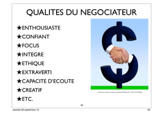 44
QUALITES DU NEGOCIATEUR
★ENTHOUSIASTE
★CONFIANT
★FOCUS
★INTEGRE
★ETHIQUE
★EXTRAVERTI
★CAPACITE D’ECOUTE
★CREATIF
★ETC.
http://www.pro-inﬂuence.com/wp-content/uploads/2012/03/Fotolia_1312233_XS-243x300.jpg
50samedi 28 septembre 13
 