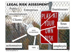 53
MON
ENTREPRISE
Clients
actionnaires
fournisseurs
employés
EntreprisesPublic
Consommateurs
Sous
traitants
TIERS 28
LEGAL RISK ASSESMENT
59samedi 28 septembre 13
 