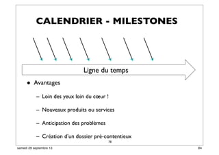 78
• Avantages
– Loin des yeux loin du cœur !
– Nouveaux produits ou services
– Anticipation des problèmes
– Création d’un dossier pré-contentieux
Ligne du temps
CALENDRIER - MILESTONES
84samedi 28 septembre 13
 