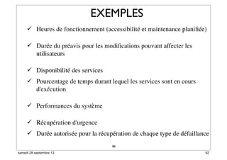86
 Heures de fonctionnement (accessibilité et maintenance planiﬁée)
 Durée du préavis pour les modiﬁcations pouvant affecter les
utilisateurs
 Disponibilité des services
 Pourcentage de temps durant lequel les services sont en cours
d'exécution
 Performances du système
 Récupération d'urgence
 Durée autorisée pour la récupération de chaque type de défaillance
EXEMPLES
92samedi 28 septembre 13
 