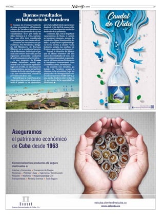 MAR. 2022 07
©
©
PRENSA
LATINA
ĥ  Aunque sin el comportamiento
de años precedentes, el balneario
cubano de Varadero mantiene es-
tanciasdiariaspromediode13000
vacacionistas –el 77 por ciento de
ellos, foráneos y el resto, naciona-
les–, una cifra total considerada
comobuenaporunafuenteoficial.
Durante un encuentro con pe-
riodistas, Ivis Fernández, delega-
da del Ministerio de Turismo
(Mintur) en la occidental provin-
cia de Matanzas, indicó que el pa-
sado año estuvo marcado por los
rigurosos protocolos sanitarios
de enfrentamiento a la Covid-19.
A una pregunta de Prensa
Latina, Fernández señaló que,
acorde con la situación epidemio-
lógica en el orbe, se sobrepasaron
los pronósticos, ya que en las festi-
vidadesdefindeañoelpoloacogió
a 24 000 vacacionistas, cuando la
previsiónerade21000.
Recordó que la reapertura al tu-
rismointernacionalenelpaísacon-
teció el pasado 15 de noviembre,
pero la localidad inició operaciones
desde el 18 de abril de manera dis-
cretayconlasexigenciassanitarias
derivadasdelapandemia.
Comenzó, dijo, con la llegada de
vacacionistas de Rusia, y Canadá
se incorporó después, aunque ha
tenido una ligera disminución de-
bido a la coyuntura epidemiológi-
ca en esa nación, y añadió: “Cada
Gobierno adopta las medidas de
fronteraqueestimepertinentes”.
Precisó la directiva del Mintur
que el último trimestre del año
marcó los resultados de 2021 con
uncrecimientogradual,yoperacio-
nes de 16 líneas aéreas foráneas en
el Aeropuerto Internacional Juan
GualbertoGómez,deMatanzas.
De acuerdo con estudios, 43
hoteles en Varadero acogen a
clientes en la actualidad, bajo los
protocolos de bioseguridad con-
tra el coronavirus SARS-CoV-2, y
una media de aforo entre el 60 y el
75 por ciento de la capacidad ha-
bitacional.
Buenos resultados
en balneario de Varadero
 