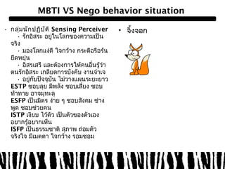 MBTI VS Nego behavior situation 
• กลุ่มนักปฏิบัติ Sensing Perceiver 
• รักอิสระ อยใู่นโลกของความเป็น 
จริง 
• มองโลกแง่ดี ใจกว้าง กระตือรือร้น 
ยืดหยุ่น 
• อิสรเสรี และต้องการให้คนอื่นรู้ว่า 
ตนรักอิสระ เกลียดการบังคับ งานจำาเจ 
• อยู่กับปัจจุบัน ไม่วางแผนระยะยาว 
ESTP ชอบลุย มีพลัง ชอบเสี่ยง ชอบ 
ท้าทาย อาจมุทะลุ 
ESFP เป็นมิตร ง่าย ๆ ชอบสังคม ช่าง 
พูด ชอบช่วยคน 
ISTP เงียบ ไว้ตัว เป็นตัวของตัวเอง 
อยากรู้อยากเห็น 
ISFP เป็นธรรมชาติ สุภาพ ถ่อมตัว 
จริงใจ มีเมตตา ใจกว้าง รอมชอม 
• จิ้งจอก 
 